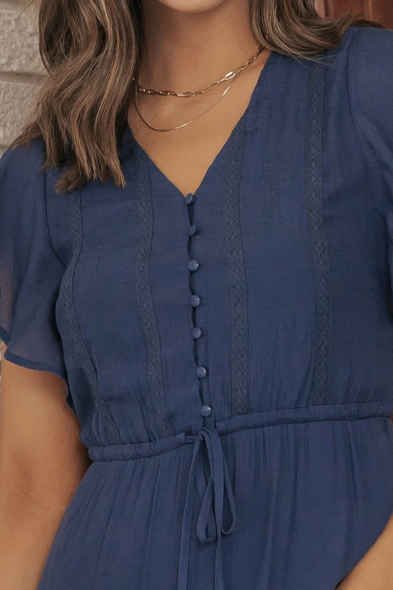 Celine Boho Midi Dress – Navy Crochet Lace Tiered Design | Magnolia Boutique