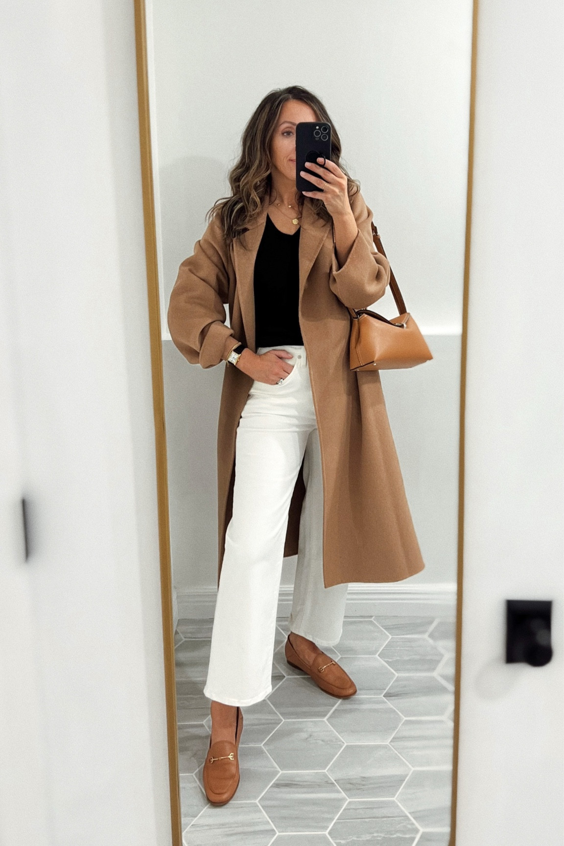 Oversized coat in small but xs would have been perfect too (it was just never available a couple of years ago).  With that said - you can stick to your size. 
Cashmere sweater in small. 
Loafers tts. 
Wide leg jeans tts. I have these in a few shades - their Vintage styles are my favorite.  Swap for a different color jeans if you’re not into white after Labor Day.  


#LTKItBag #LTKStyleTip #LTKSeasonal