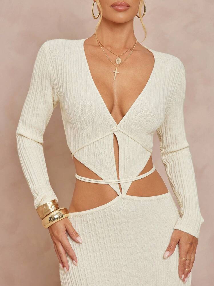 Lumalex Fall Modest Old Money Glitter Holiday Party Outfit Rave Festival Outing Vacation Bohemian BOHO Outdoor Richly Layered Wedding Season Banquet Coming Of Age Ceremony Elegant Solid Color Hollow Waist Rope Knitted Dress | SHEIN