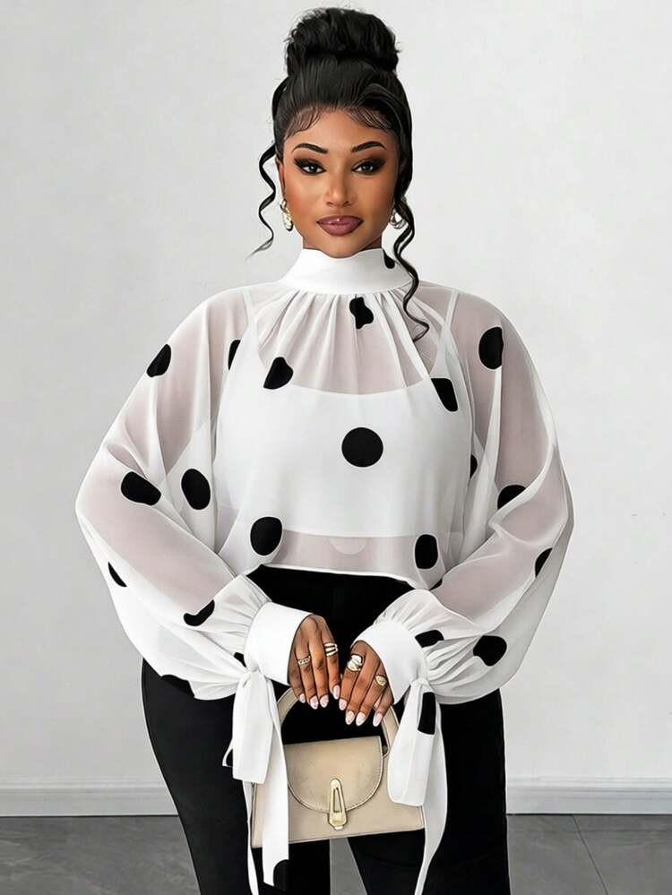 Maweii Plus Size Elegant Sheer Polka Dot Mock Neck Loose Cuffed Bow Tie Cuff Long Sleeve Blouse | SHEIN