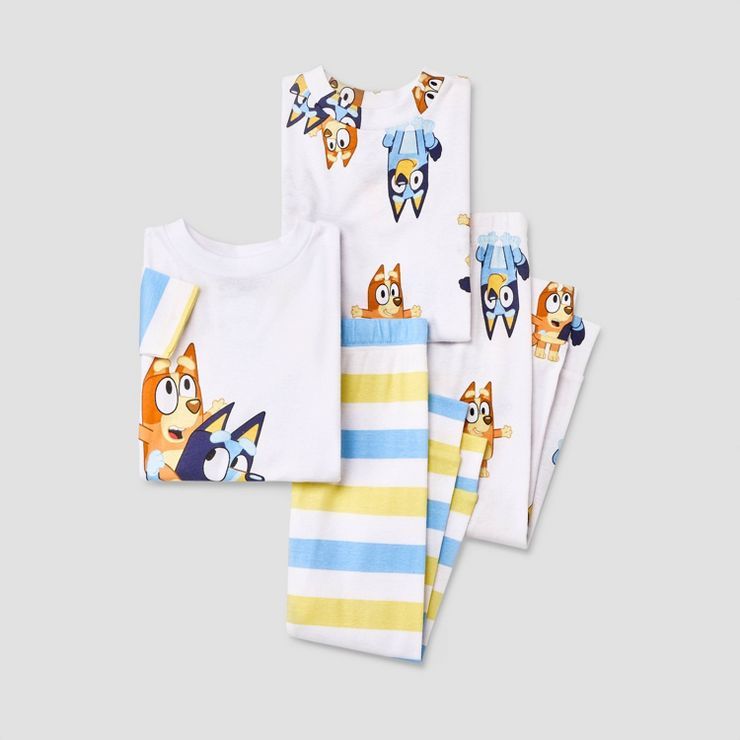 Toddler Boys' 4pc Bluey Striped Snug Fit Top and Pants Pajama Set - White | Target