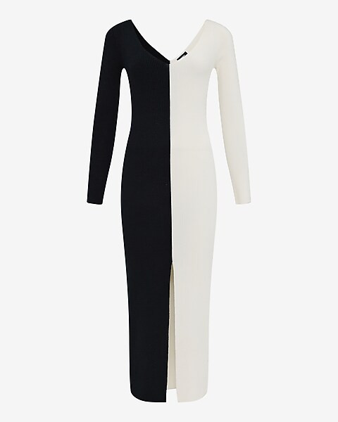 Airy Soft Color Block V-neck Long Sleeve Maxi Sweater Dress | Express