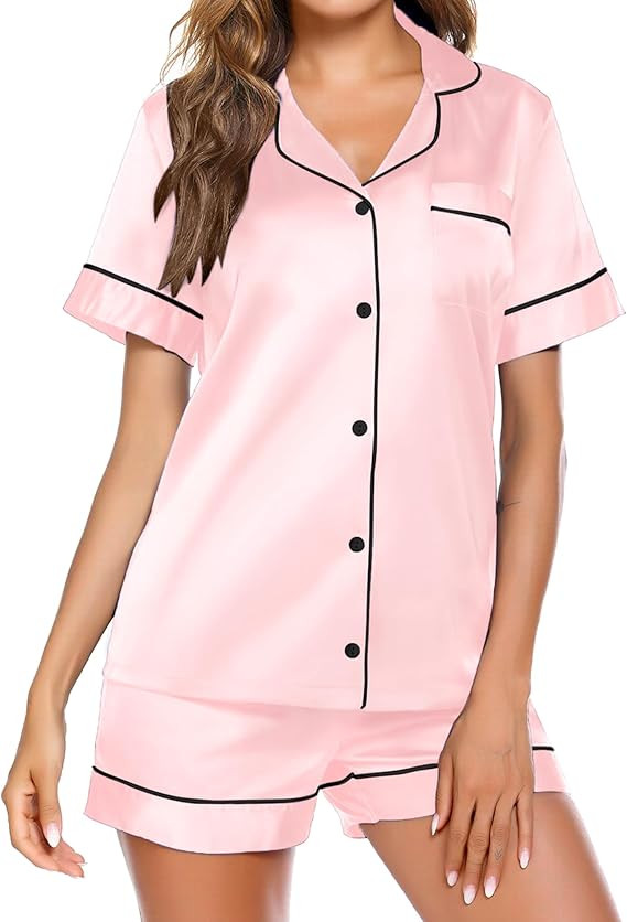 Ekouaer Satin Pajamas Women's Short Sleeve Sleepwear Soft Silk Button Down Loungewear Pjs Shorts ... | Amazon (US)