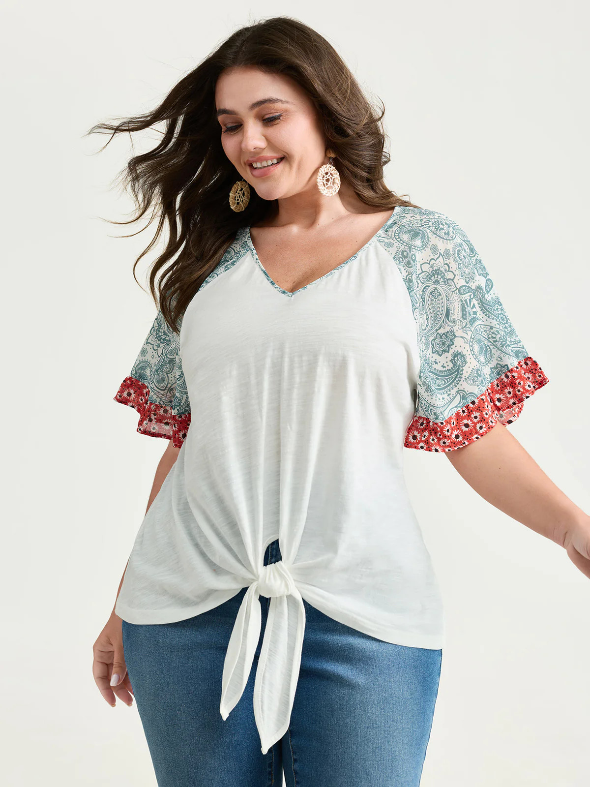 Pure Cotton Floral Sleeve Knotted T-Shirt | Bloomchic