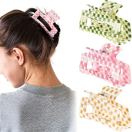 3 Pieces Checkered Hair Clip Checkered Claw Clip Stylish Large Hair Claw Clips for Women Thick Th... | Amazon (US)