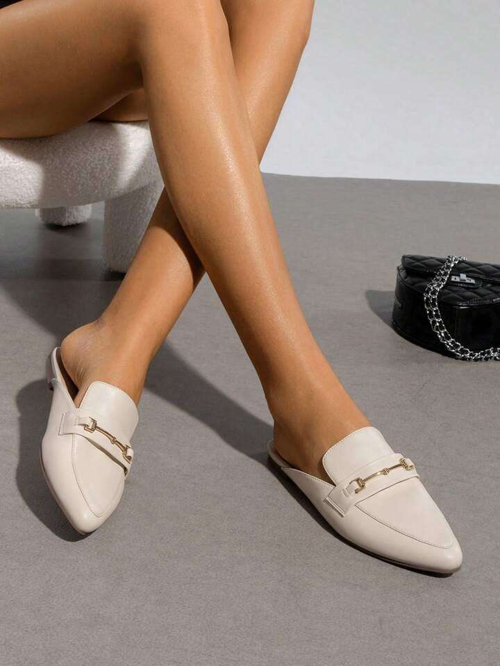 Women's Flat Mules Buckle Pointed Toe Backless Slip On Slides Loafer Shoes | SHEIN