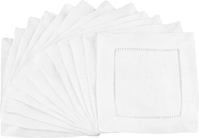 CleverDelights White Hemstitch 6" Cocktail Napkins - 12 Pack - 55/45 Linen Cotton Blend | Amazon (US)