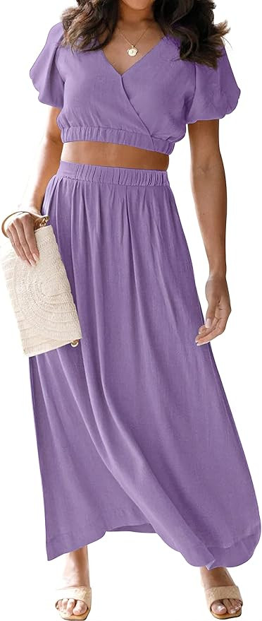 MEROKEETY Women's 2023 Summer Two Piece Outfits V Neck Puff Sleeve Crop Top and Flowy Maxi Skirt ... | Amazon (US)