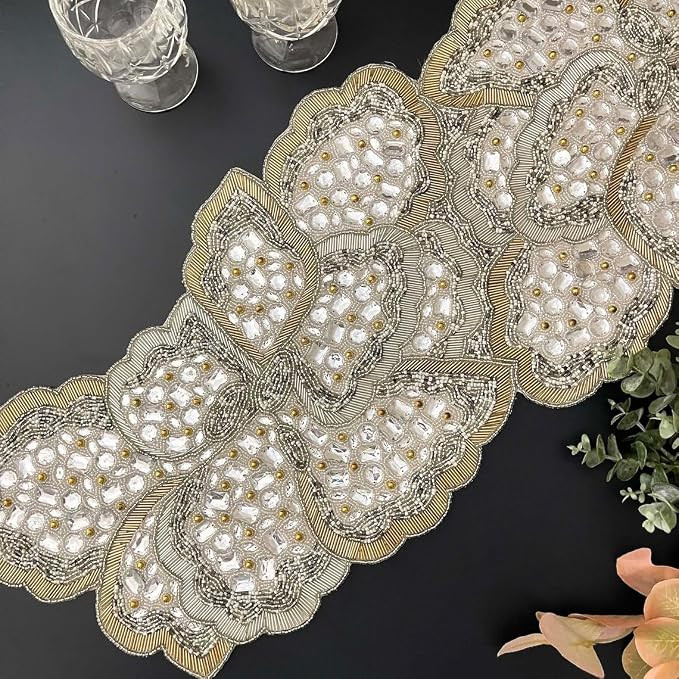 Enliven Handmade Beaded Table Runner, Beaded Table Runners 13x36 inches, Butterfly, Silver and Go... | Amazon (US)