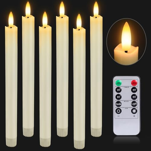 HINZER 6 Pcs Flameless Taper Candles with Remote & Timer 9.6 inch Real Wax Battery Operated LED Warm 3D Wick Flickering Window Candles for Halloween Christmas Wedding Decor, Ivory | Amazon (US)