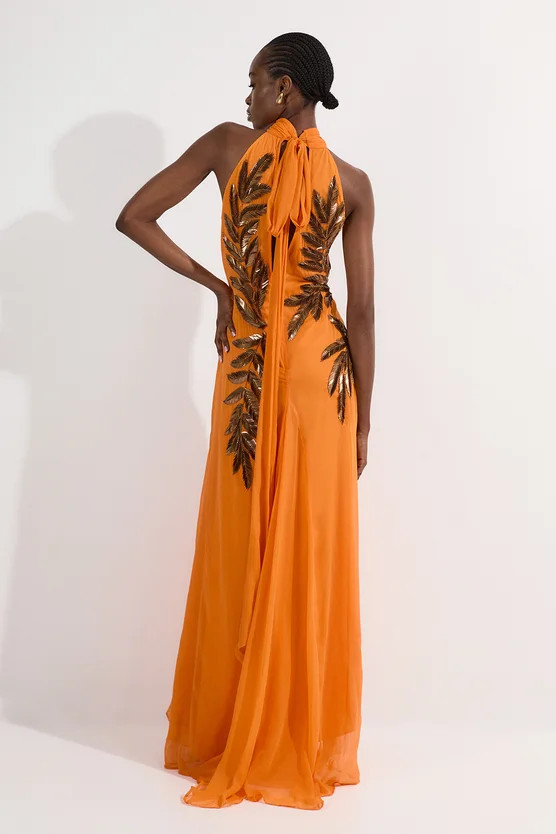 Petite Halter Neck Feather Sequin Detail Woven Maxi Dress | Karen Millen UK + IE + DE + NL