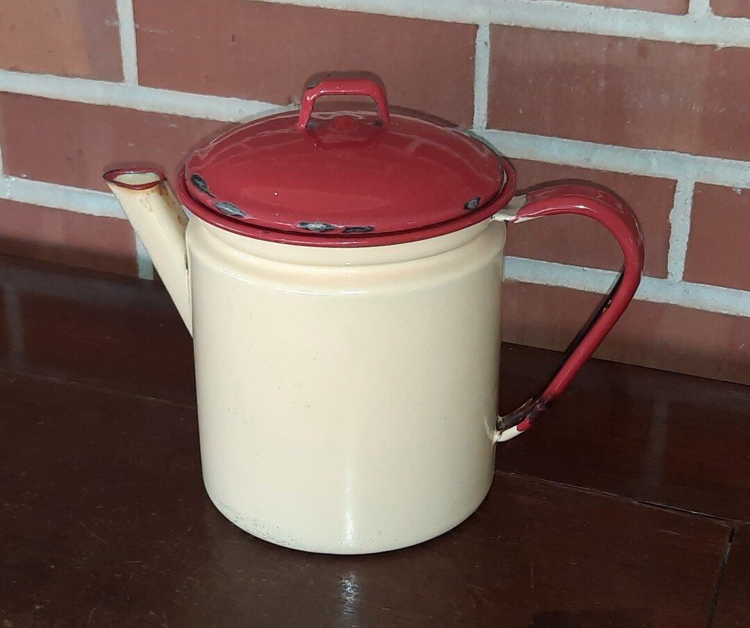 Vintage Enamelware Coffee Pot Tan with Maroon Red Lid 1930s | Etsy (US)