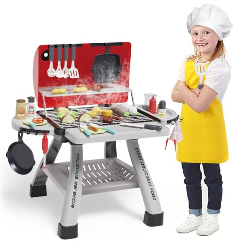 Kids Toy Kitchen Playset, 2-Layer BBQ Grill Playset with Smoke, Sound & Light, Toy Grill Set with Pretend Play Food, Interactive Cooking Game Toys for Toddlers Boys Girls 3 4 5 Year Old | Amazon (US)