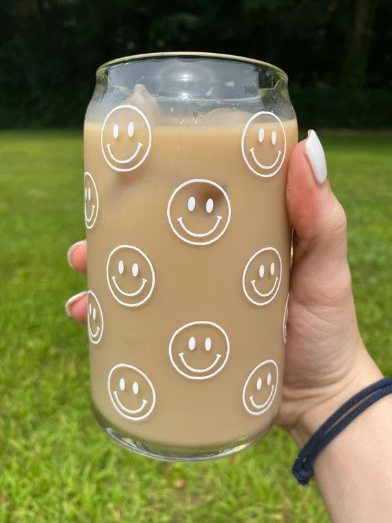 Smiley Face Glass Can | iced coffee glass | soda shaped cup | trendy glass cup | beer glass can |... | Etsy (US)