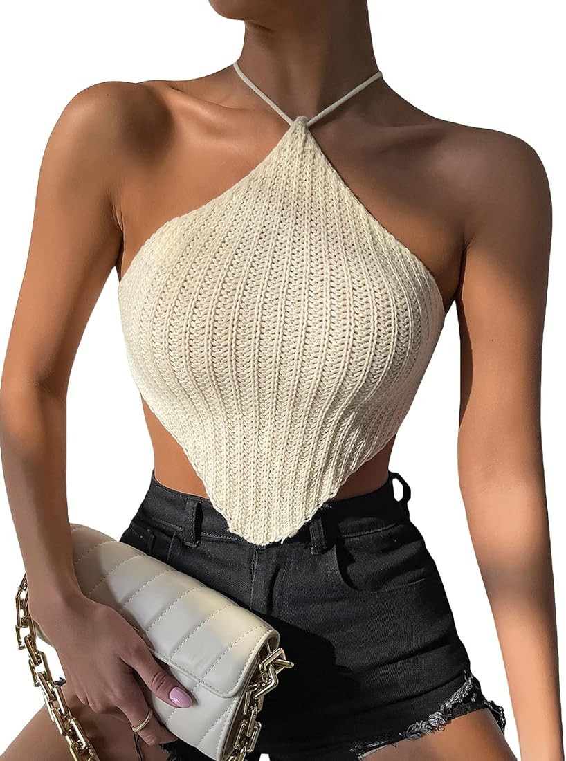 WDIRARA Women's Crisscross Tie Back Knit Crop Halter Top Asymmetrical Bandana Tops | Amazon (US)