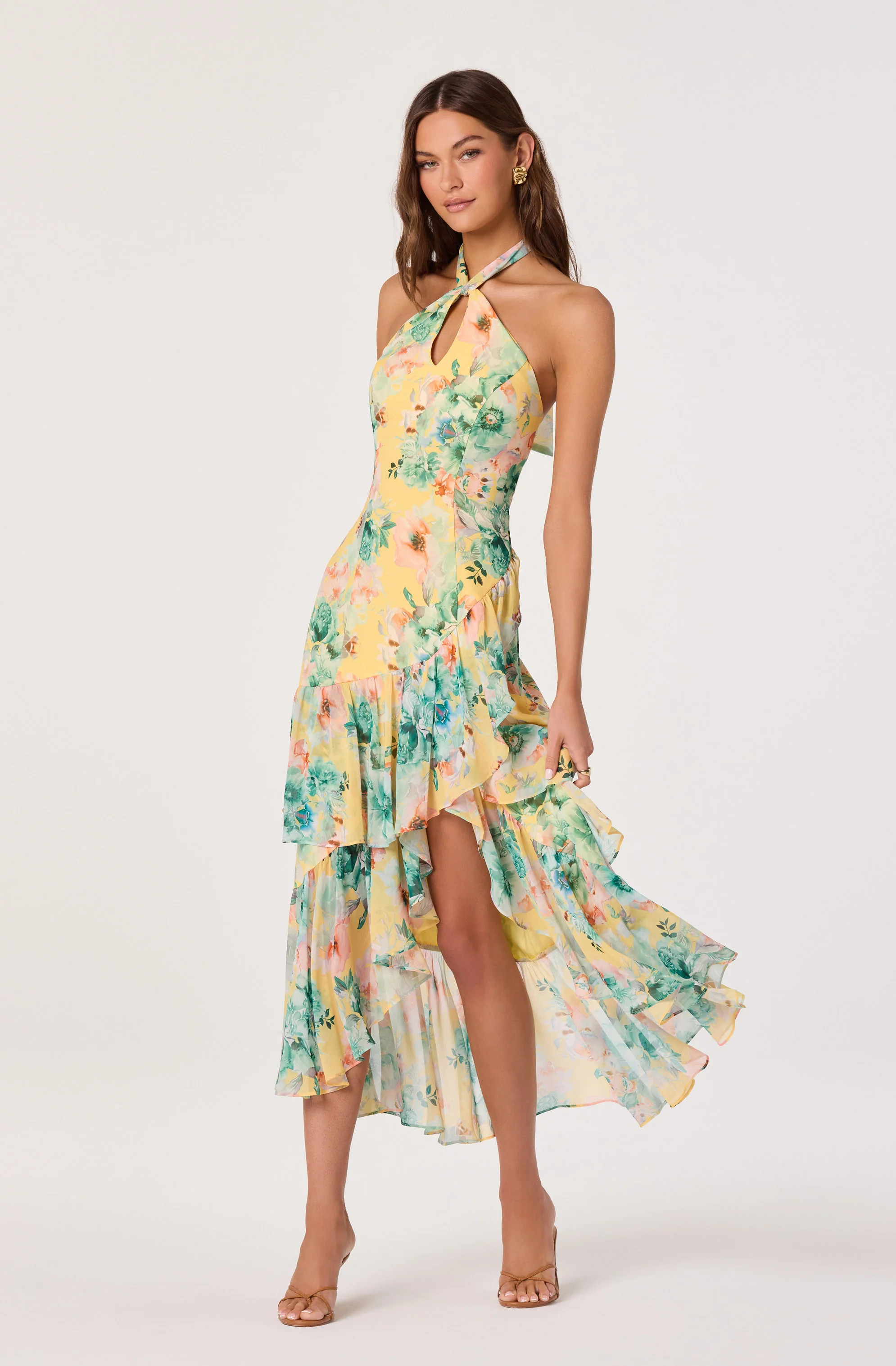Bethina Floral Halter High-Low Dress - Yellow green floral / XS | ASTR The Label (US)
