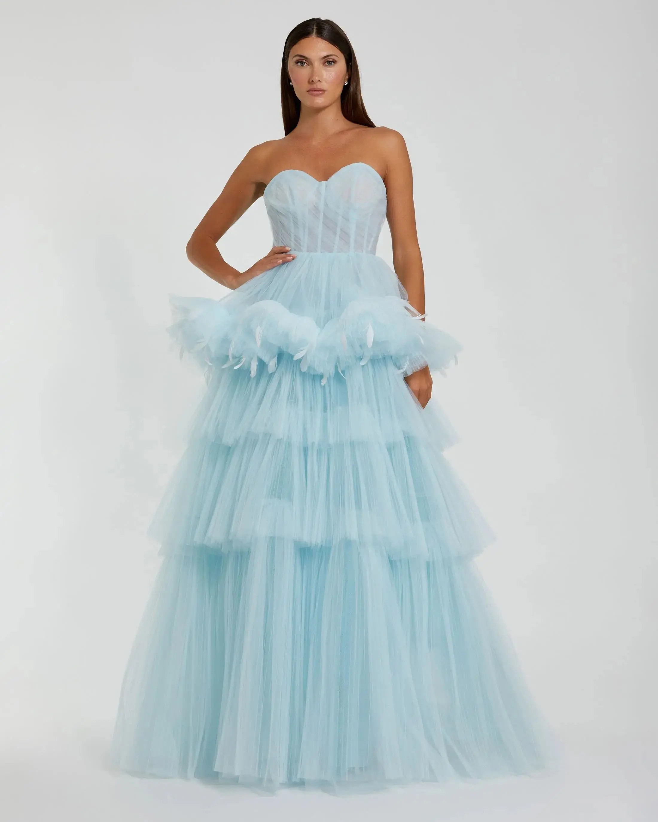 Mac Duggal - Blue Strapless Tulle Gown with Feather Detail - FINAL SALE - US 12 | Mac Duggal