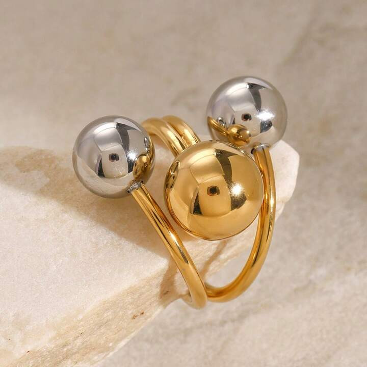 1pc Stainless Steel Ball Adjustable Ring Statement Golden Metal Finger Ring Jewelry Water Resista... | SHEIN