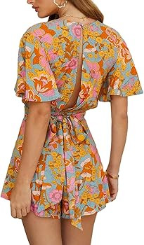 LYANER Women's Jumpsuit Floral Print Deep V Neck Short Sleeve Tie Mini Short Romper | Amazon (US)