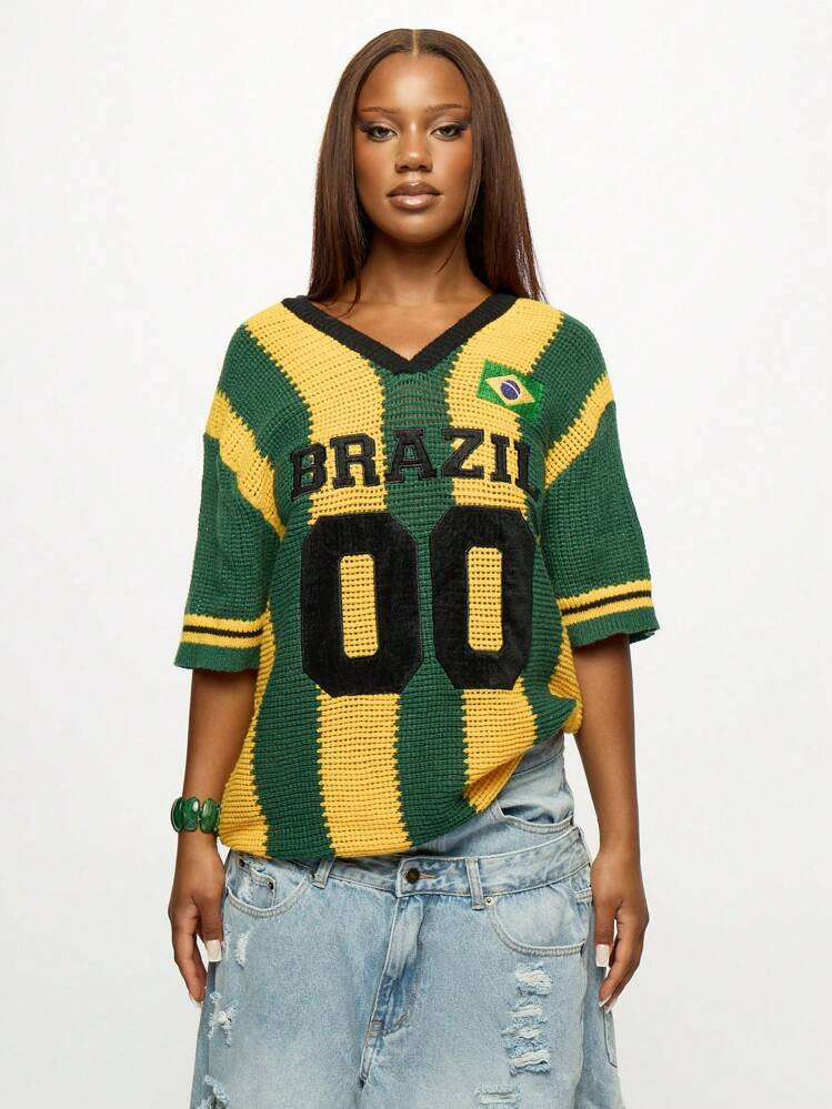 SUMWON WOMEN Brazil National Team Varsity Style Crochet Knit V-Neck Jersey Football Fan Supporter... | SHEIN