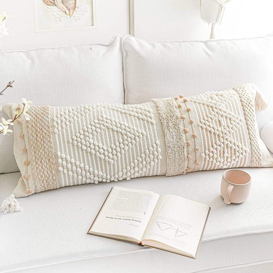 BlissBlush Beige White Decorative Lumbar Pillow Cover 14X36, Boho Long Lumbar Pillow for Bed, Neu... | Amazon (US)