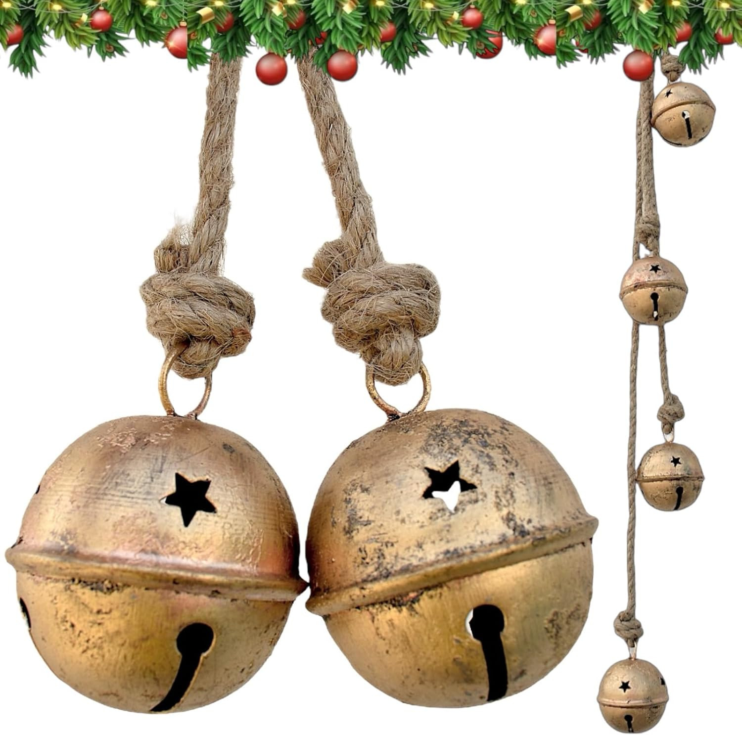 Christmas Sleigh Bells, Hanging Bells Vintage Cowbell Brass Gold Rustic Harmony Metal Jingle Bells Cluster, Tree Bells on Jute Rope, Christmas Decor Ornaments | Amazon (US)