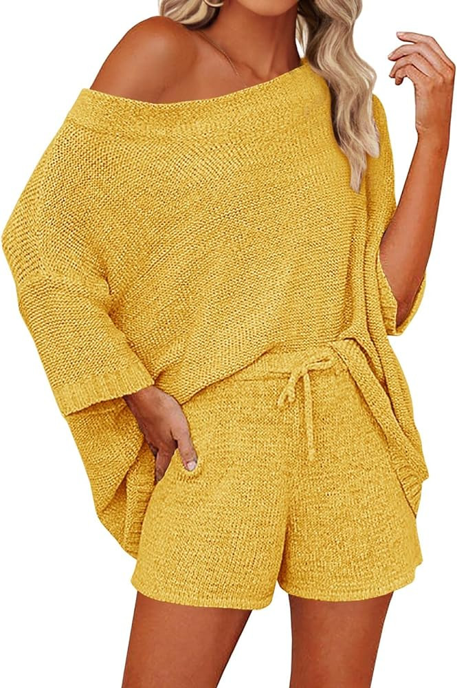 Mafulus Women's 2 Piece Outfits Sweater Sets Off Shoulder Knit Top Shorts Matching Suits Cute Paj... | Amazon (US)