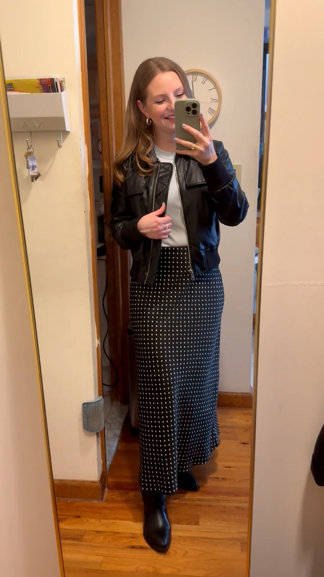 I styled the Target sweater tee with a polka-dot midi skirt and leather bomber jacket. Tall boots and tight underneath for warmth 🩵

#LTKmorningroutine #LTKWorkwear #LTKootd