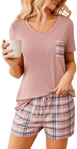 Ekouaer Womens Pajama Sets Short Sleeve Pajamas for Women Sets Soft Lounge Sets Casual V Neck Sle... | Amazon (US)