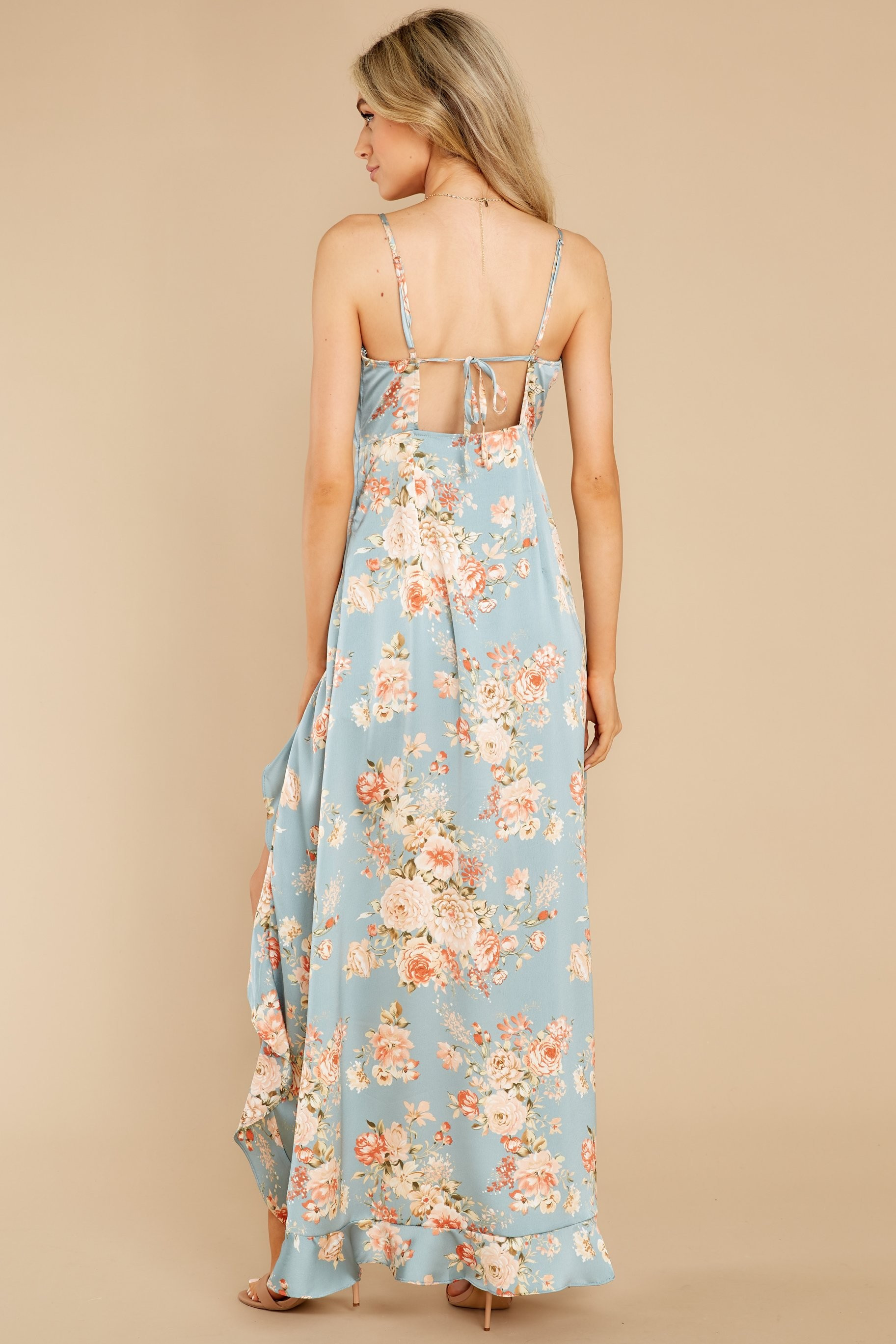 More To Discover Light Teal Floral Print High-Low Dress | Red Dress 