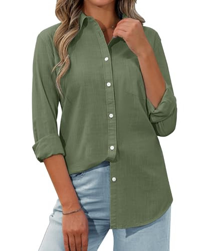 siliteelon Womens Button Down Shirt Linen Button Up Shirts for Women Long Sleeve Summer Shirt Collared Blouse Linen Tops Green | Amazon (US)