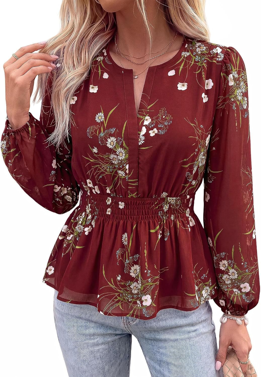 BTFBM Womens Tops Dressy Casual Floral V Neck Long Sleeve Chiffon Shirts | Amazon (US)
