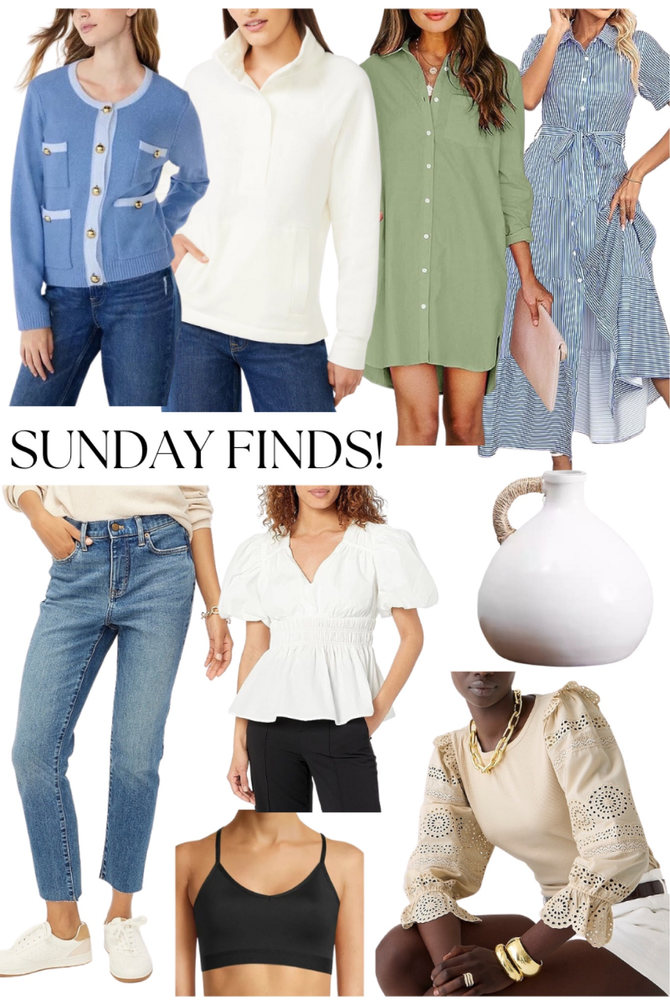 SUNDAY FINDS! Walmart cardigan,the best $14 pullover, shirtdress in the prettiest green, a flowy maxi striped dress, my go to denim, cute white top, love this eyelet top, the best basic sports bra and a pretty vase to add to my dining room table  

#LTKunder100 #LTKhome #LTKsalealert