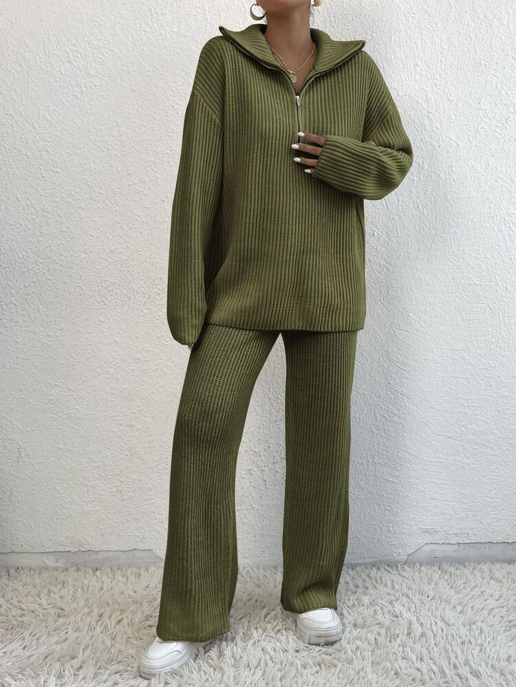 Quarter Zip Drop Shoulder Sweater & Knit Pants | SHEIN