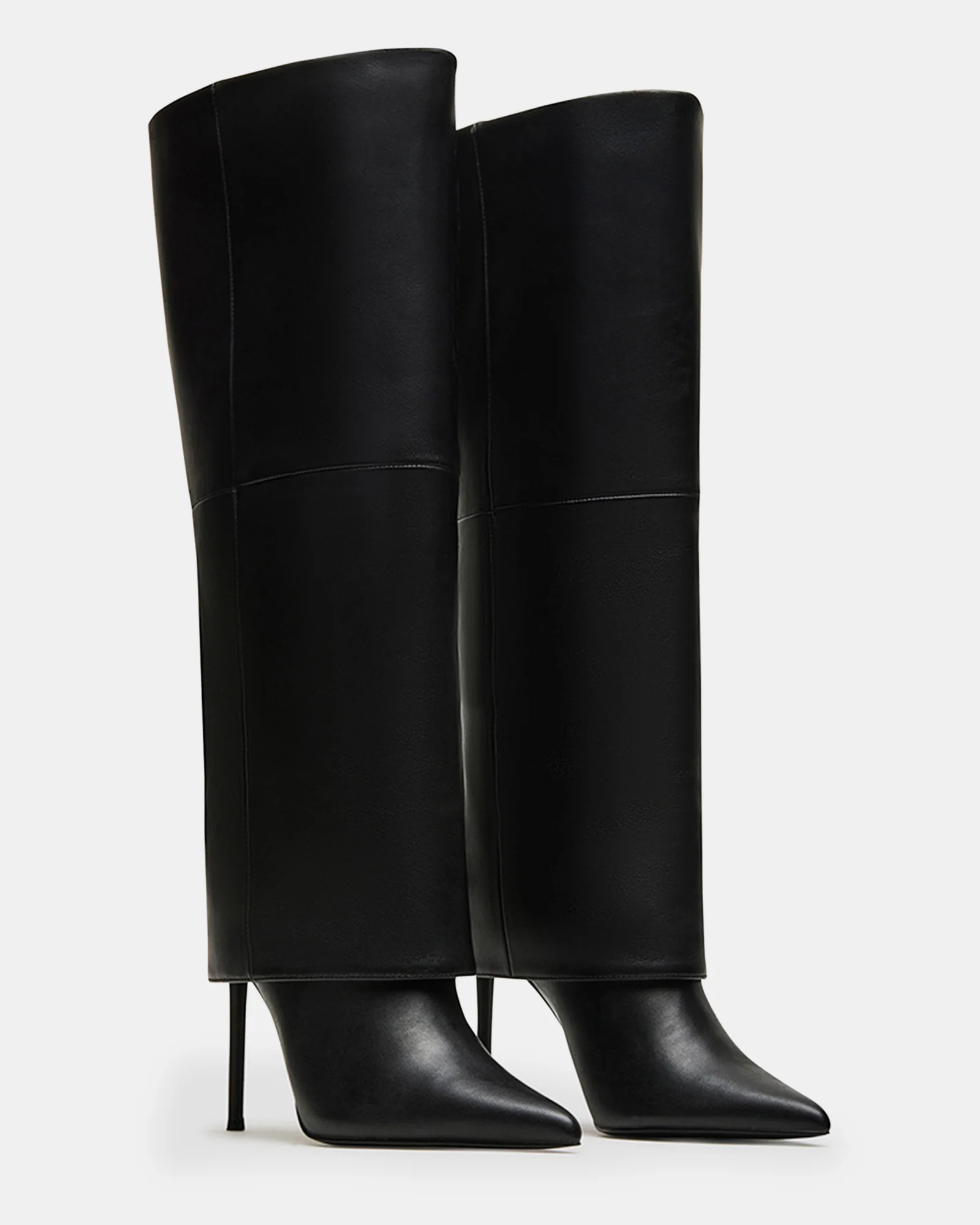 SMITH Black Leather Wide Calf Cuffed Stiletto Boot | Women's Designer Boots | Steve Madden (Canada)