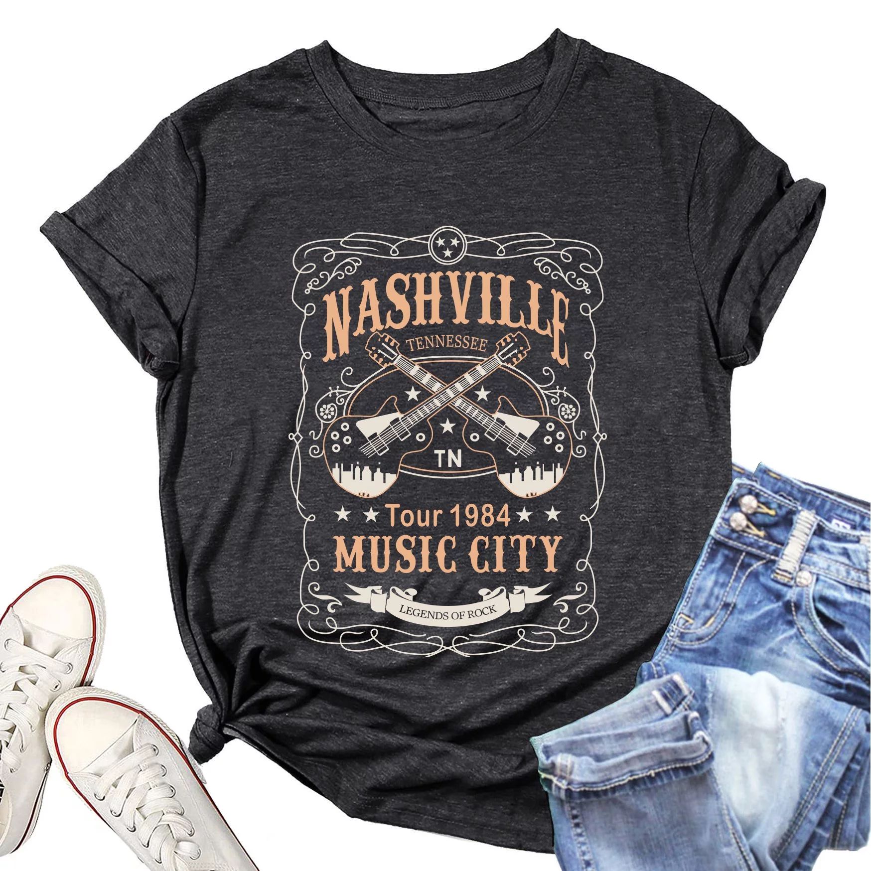 Nashville Music City Shirt for Women Guitar Vintage Graphic Short Sleeve Rocker Band T Shirt Tour... | Walmart (US)