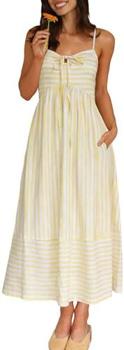 Fashionme Womens Summer Maxi Dresses 2026 Trendy Striped Vacation Boho Beach Spaghetti Strap Sund... | Amazon (US)