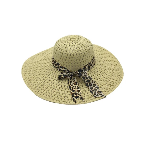 Womens Summer Beach Panama Straw Hat Wide Brim Leopard Bow Floppy Straw Sun Caps | Walmart (US)