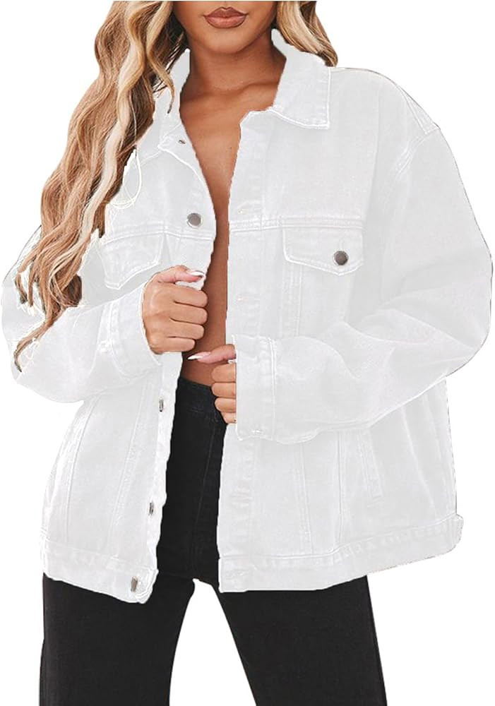 DvaeMalligo Women's Oversized Denim Jacket Casual Long Sleeve Button Down Distressed Trucker Jean... | Amazon (US)