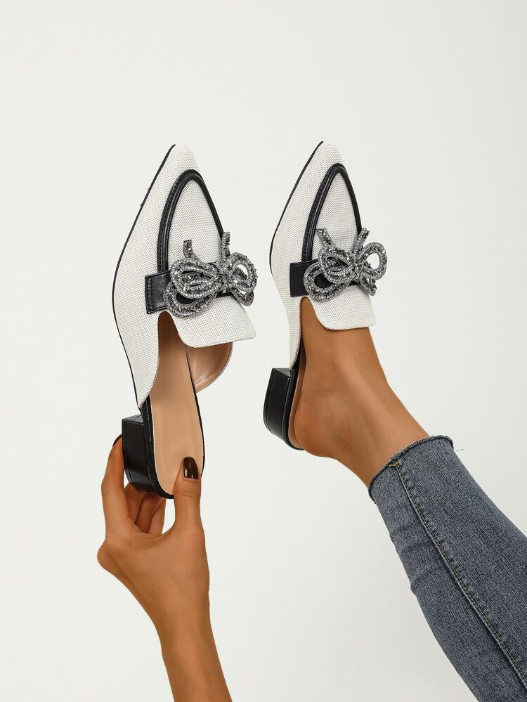 Rhinestone & Bow Decor Point Toe Flat Mules | SHEIN
