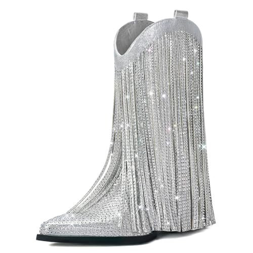 Bybmorto Cowgirl Boots for Women - Silver Glitter Fringe Cowboy Boots, Pointed Toe Chunky Heel Pull-On Western Booties for Country Music Festival 9.5 | Amazon (US)