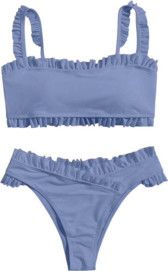 SweatyRocks Women's Bathing Suits Spaghetti Strap Ruffle Wrap Bikini Set Two Piece Swimsuits | Amazon (US)
