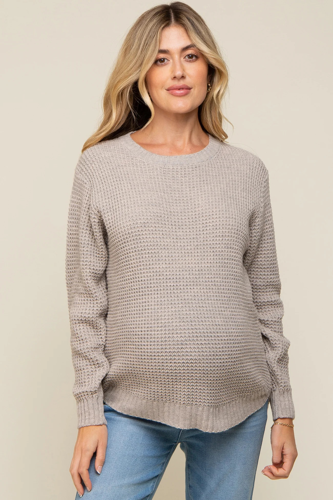 Taupe Waffle Knit Round Hem Maternity Sweater | PinkBlush Maternity