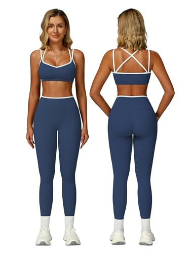 ABOCIW Workout Sets for Women 2 Piece Gym Set Color Block Strappy Sports Bra High Waist Tummy Control Leggings Yoga Pilates Outfits Athletic Work Out Clothes Navy Blue Medium | Amazon (US)
