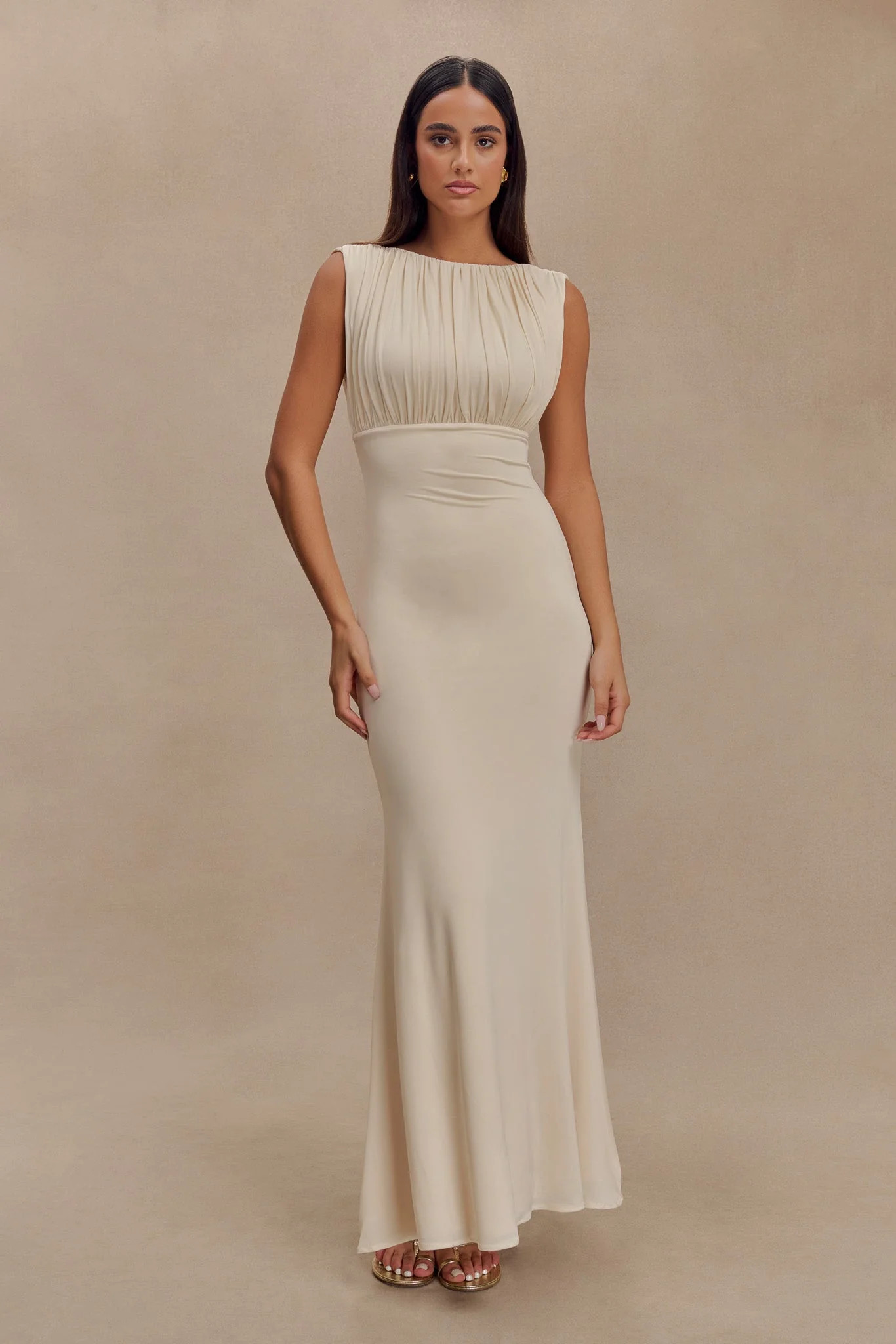 Malia Slinky Ruched Maxi Dress - Ivory | MESHKI US