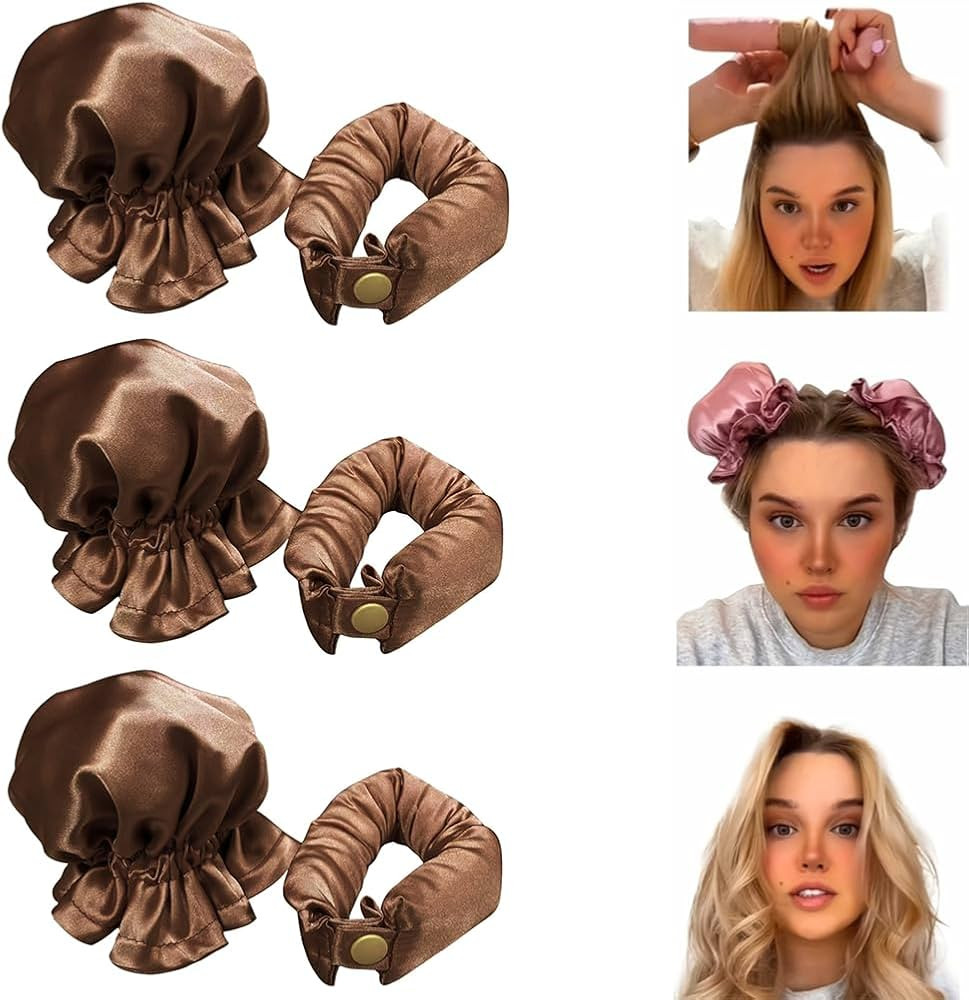 Satin Overnight Curling Set with Hair Caps and Rollers for Long, Heatless Curls - 3 Set, Brown | Amazon (US)