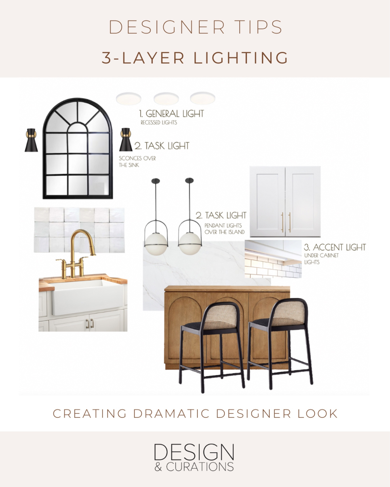 How to layer the light. Neutral, kitchen design, ideas, neutral kitchen in Decor selections. Kitchen furniture. Pendant light,  sconces. Balancing black and neutral to create sleek feeling.

#LTKFind #LTKhome