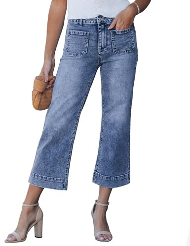 luvamia Wide Leg Jeans for Women Trendy High Waisted Flare Jeans Cropped Denim Pants Stretchy Baggy with Patch Pockets Timeless Blue Size XX-Large Fits Size 20-22 | Amazon (US)