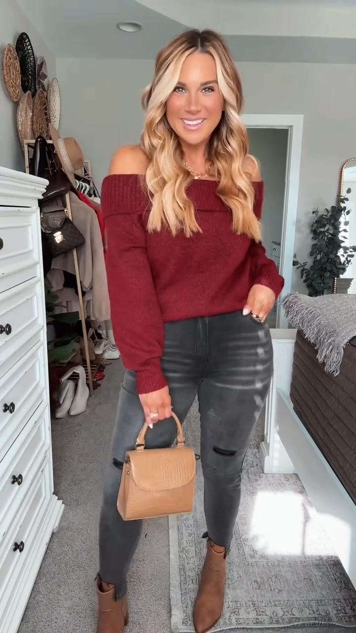 You’ll surely turn heads in this perfect date night look - best selling black denim paired with my new favorite off the shoulder sweater! 

I am 5’6 147lbs wearing a size medium wine red sweater, size 6 jeans, boots fit true to size.  

 #LTKSeasonal #LTKMidsize #LTKStyleTip