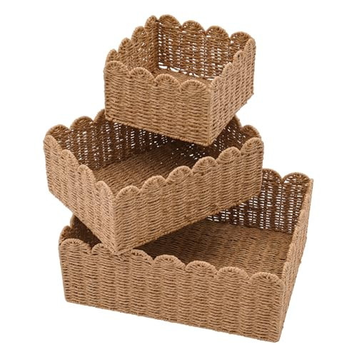 3PCS Scalloped Basket Set with Lid Hand Woven Rattan Storage Baskets Set of 3, Wicker Basket Set 4.33/5.12/6.1 Inch Height Decor Scalloped Edge Basket (Style 2) | Amazon (US)